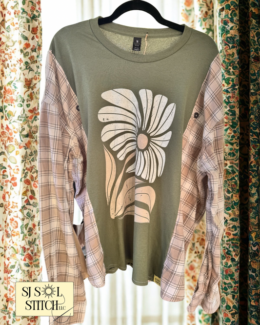 White Daisy Flower Power Upcycled Flannel Tee — SJ Original