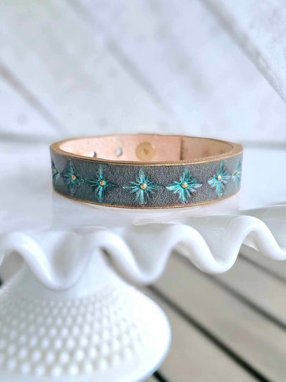 Thin Blue and Gray Leather Cuff Bracelet