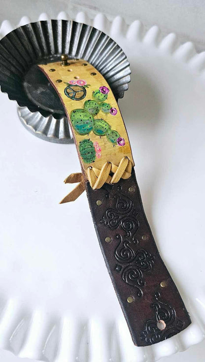 Cactus Design Boho Leather Cuff Bracelet