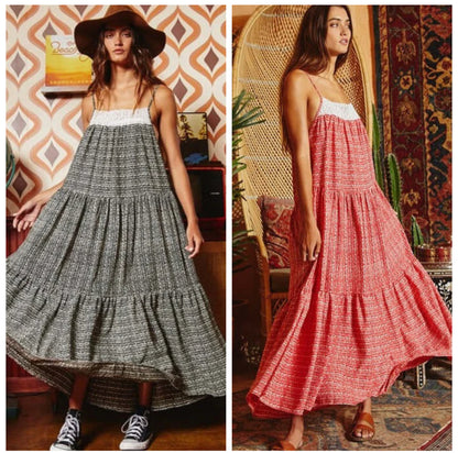 Flower and Lace Tiered Flowy Maxi Dress - small