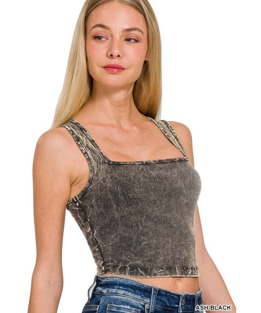 Washed Cotton Square Neck Cropped Cami