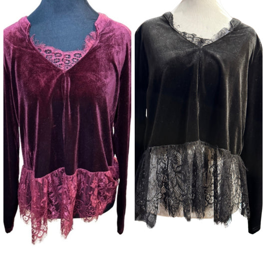 Elegant Velvet Lace Trim Blouse-Multiple Colors
