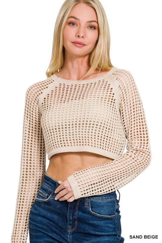 Hollow Knitted Cropped Round Neck Sweater - multiple colors