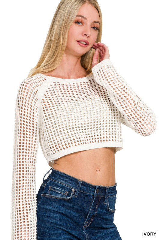 Hollow Knitted Cropped Round Neck Sweater - multiple colors