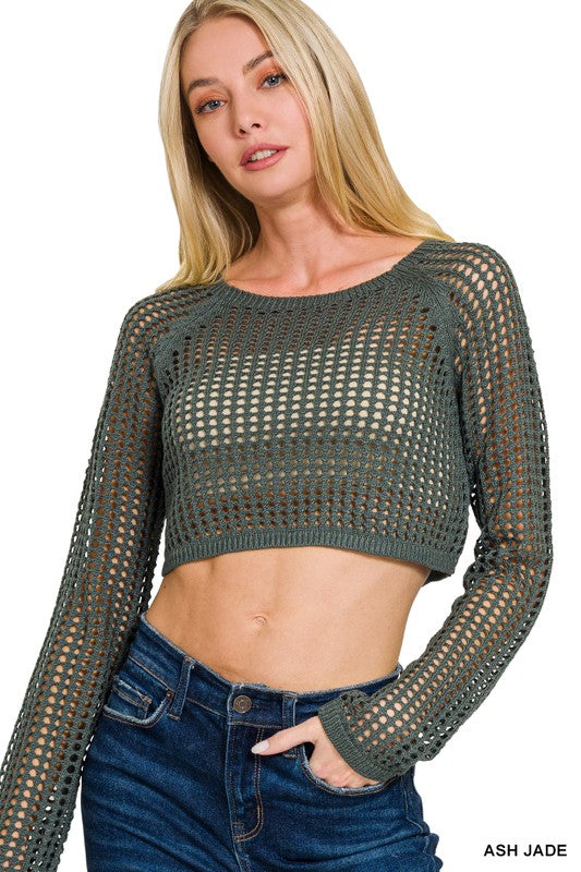 Hollow Knitted Cropped Round Neck Sweater - multiple colors