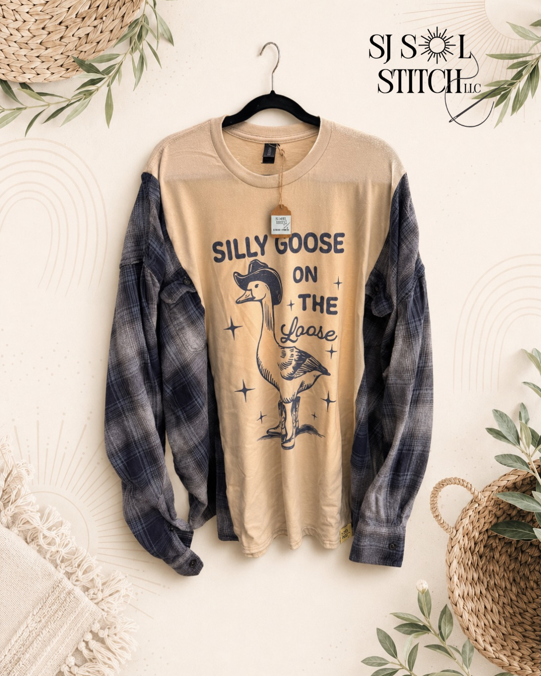 Silly Goose on the Loose upcycled flannel tee by SJ Sol Stitch - tan graphic tee with navy plaid flannel sleeves, one of a kind handmade piece