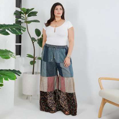 Boho Tiered Patchwork Denim & Lace Wide-Leg Pants