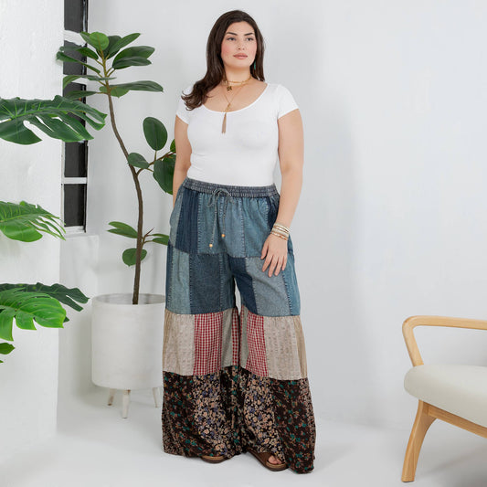 Boho Tiered Patchwork Denim & Lace Wide-Leg Pants