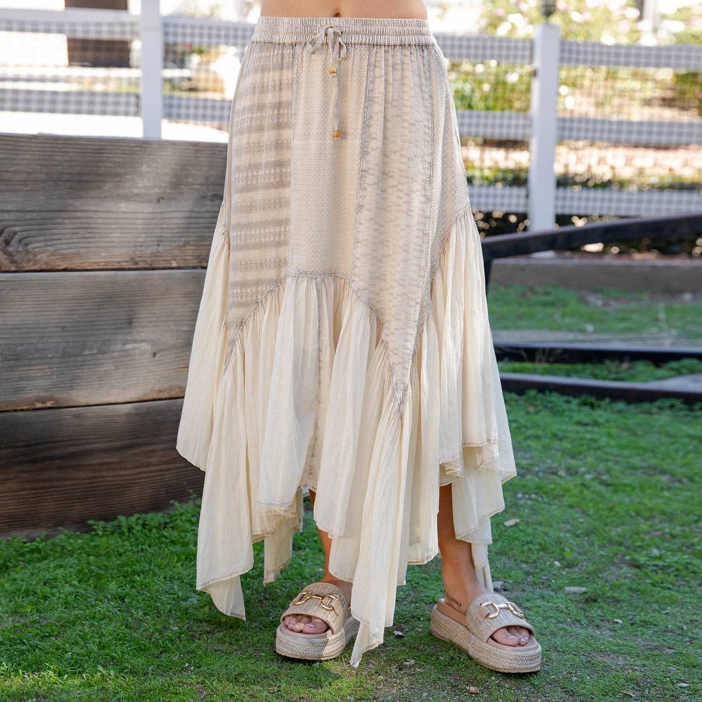 Boho Mixed Panel Drawstring Handkerchief Skirt
