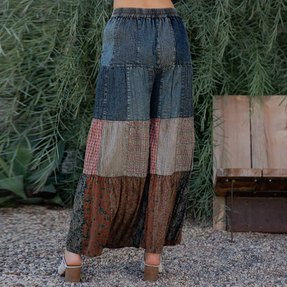 Boho Tiered Patchwork Denim & Lace Wide-Leg Pants