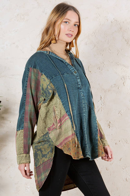 Western Boho Chic: Hooded High Low Patchwork Top