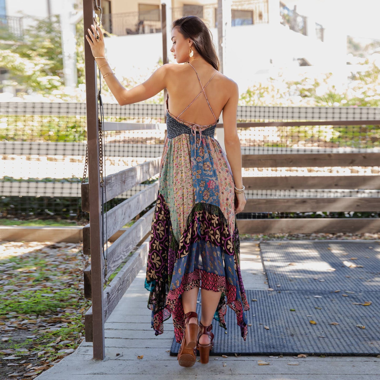 Smocked Bodice Mosaic Patches Handkerchief Hem Maxi Dress