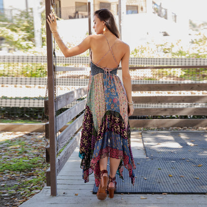 Smocked Bodice Mosaic Patches Handkerchief Hem Maxi Dress