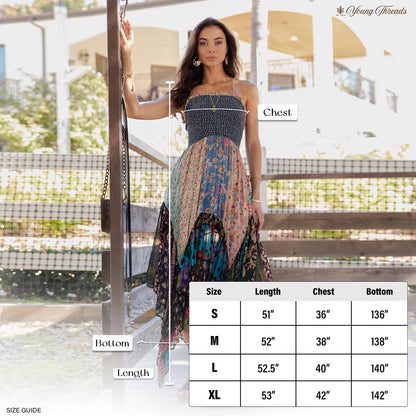 Smocked Bodice Mosaic Patches Handkerchief Hem Maxi Dress