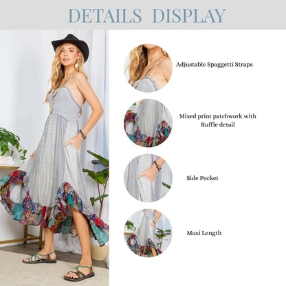 Sun-Kissed Patchwork: Smocked Bliss Boho Mid-Length Dress 