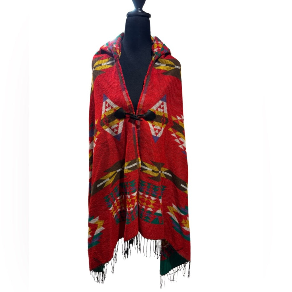One size Women's Hooded Loose Fit Poncho Cape Shawl with Horn Button